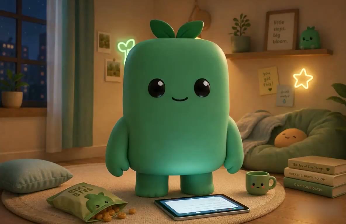 Bixi, a small green creature, at home in his cozy room